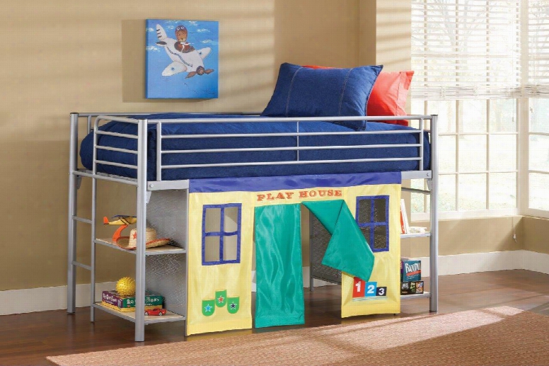 1178jrlb Brayden Junior Loft Bed With Cloth Doors Bookshelves Climb-up Ladder And Metal Construction In Silver