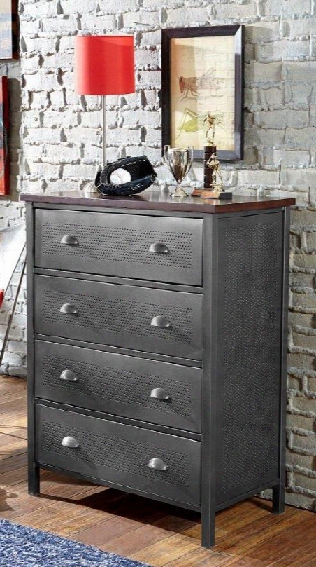 1265-784r Urban Quarters 43" Tall Chest With 4 Drawers Antique Cherry Finished Top And Punched Hole Detailing In Black Steel