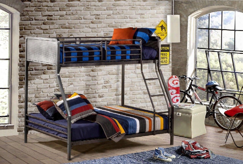 1265bbf Urban Quarters Twin/full Bunk Bed With Punched Hole Detailing Ladder And Metal Construction In Black Steel