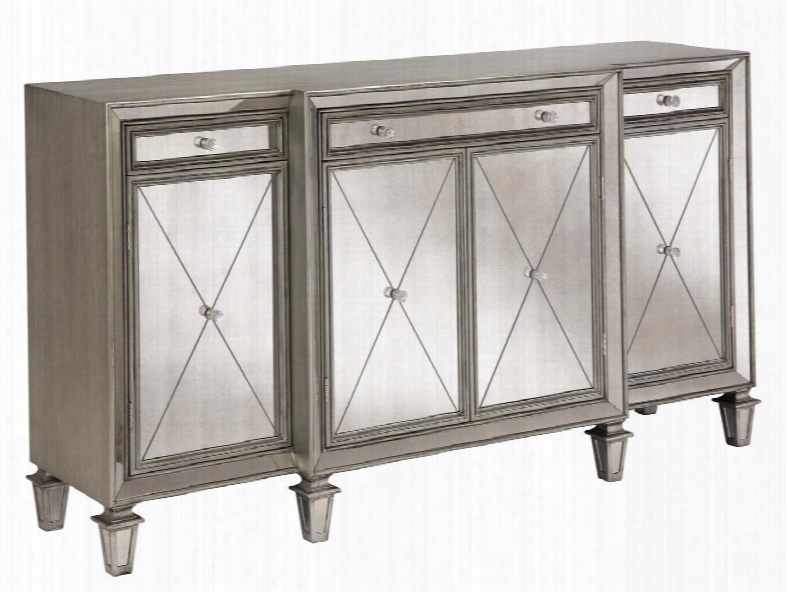 13279 Erica 68.75" Sideboard With 4 Doors 3 Drawers 3 Adjustable Shelves X Pattern Etched Fronts And Recessed Antique Mirrors In Silver