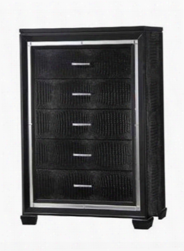 203725 Zimmer 55.25" High Chest With 5 Drawers Crocodile Patttern And Rhinestone Hardware In Black