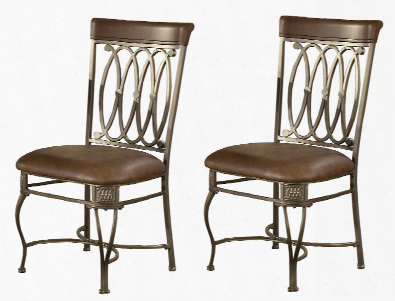 41543 Set Of 2 Montello 39" Side Chairs With Interlocking Circles Motif Curved Legs Brown Faux Leather Seat And Metal Construction In Old Steel