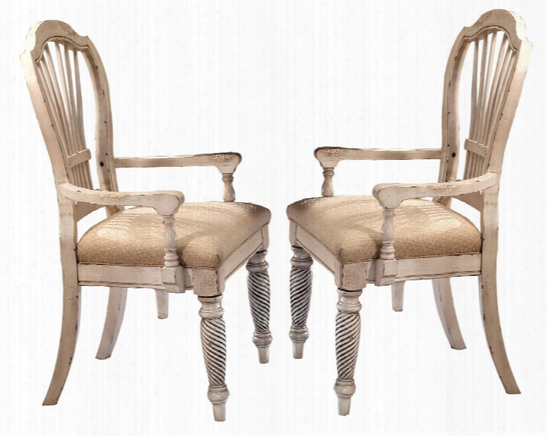 4508-805 Set Of 2 Wilshire 43" Arm Chairs With Fabric Seat Upholstery Chilean Pine Wood Construction And Tapered Legs In Antique White