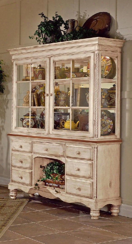 4508bh Wilshire 79.75" China Cabinet With 2 Glass Doors 7 Drawers 3 Shelves And Chilean Pine Construction In Antique White