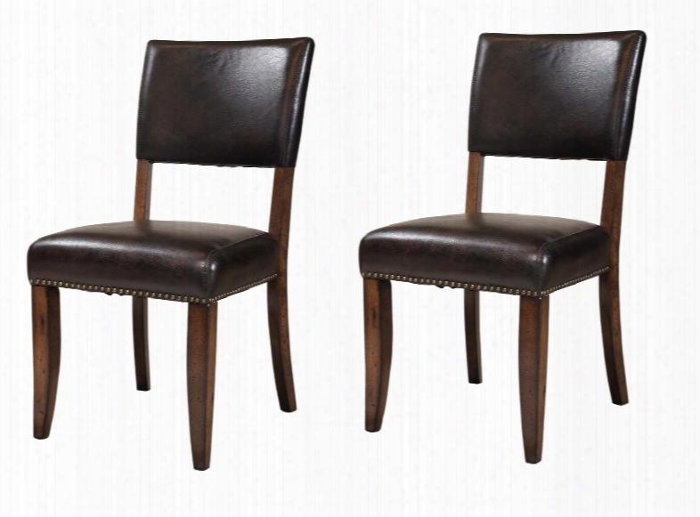 4671-804 Set Of 2 Cameron Parson 18.8" Dining Chairs With Nail Head Trim Brown Faux Leather Upholstery And Tapered Legs In Chestnut Brown