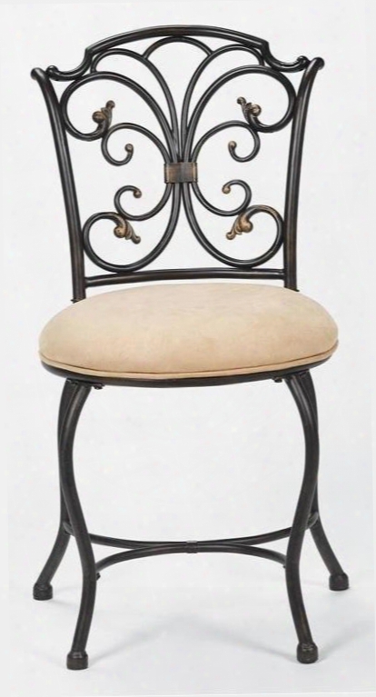50833h Sparta 32.25" Vanity Stool With Intricate Metal Scrollwork And Fawn Suede Fabric Upholstery In Black Gold