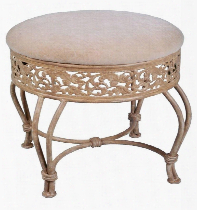 50931 Villa Iii 19.5" Vanity Stool With Fawn Suede Fabric Upholstery Intricate Filigree Detail And Metal Construction In Antique Beige