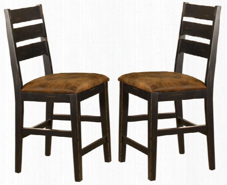 5381-823 Set Of 2 Killarney 42" Non-swivel Counter Stool With Ladder Back Design And Antique Brown Microfiber Upholstery In Distressed Black