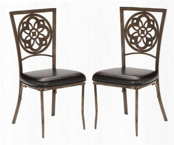 5435-802 Set Of 2 Marsala 38.5" Side Chairs With Laser Cut Back Motif Black Faux Leather Seat And Metal Construction In Grey With Brown Rub