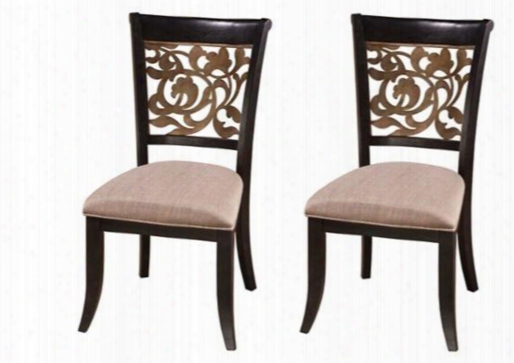 5559-802 Set Of 2 Bennington 23.5" Side Chair With Gold Metallic Flowering Vine Pattern And Fabric Upholstery In Black Distressed Grey