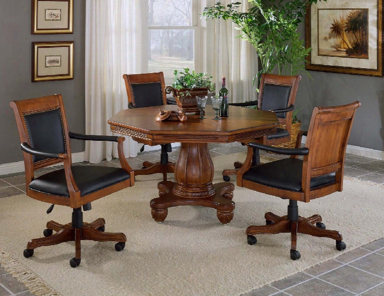 6004gtbc Kingston 57" 5-piece Game Set Including Table And Leather Back Game Chair With Cup Holders Casters Carved Detailing And Molding Detail In Light