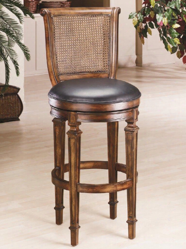 61909 Dalton 45" Leather Upholstered Cane Back 60 Degree Swivel Bar Stool With Leather Seat And Wood Frame In Distressed