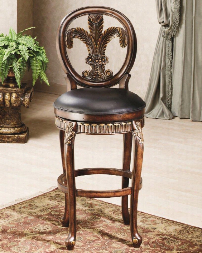 62970 Fleur De Lis 49" Triple Leaf Bar Stool With Copper Highlights And Wood Frame I N Distressed