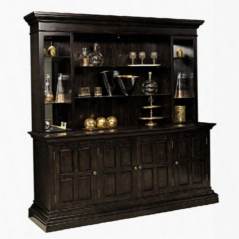 67590234 Burton Back Bar 81.5" Wide Bar Back With 4 Doors 3 Adjustable Shelves And Decorative Metal Pulls In Dark Wood