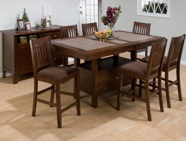 976-72set7 Caleb Counter Height Dining Table With Buterfly Leaf Extension Canted Legs And Pull-thru Drawer With 6 Barnes Stools With Chocolate Microfiber