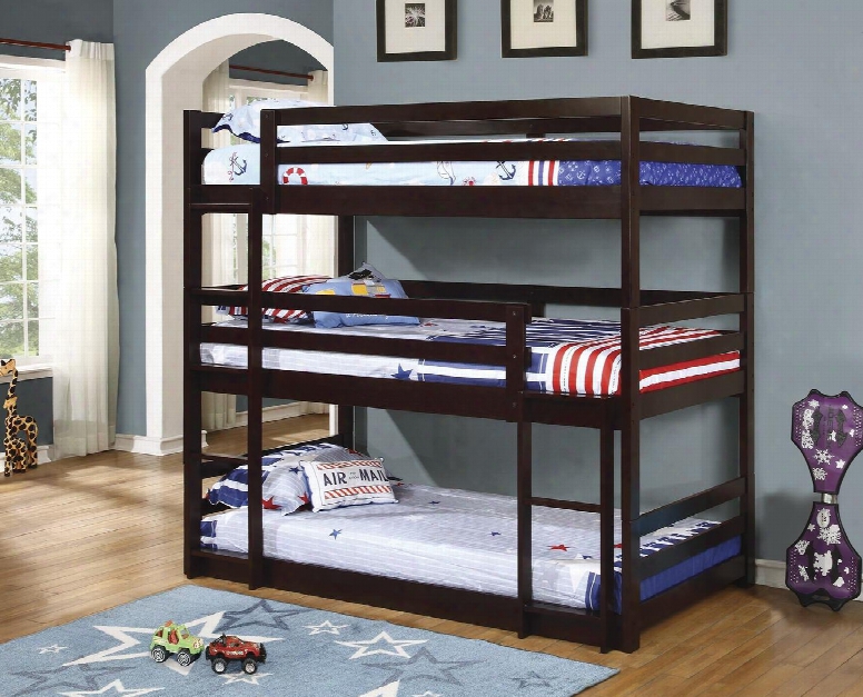 Bunks Collection 400302 Triple Twin Bunk Bed With Multiple Configurations Built-in Ladder And Solid Pine Wood Fabrication In Cappuccino