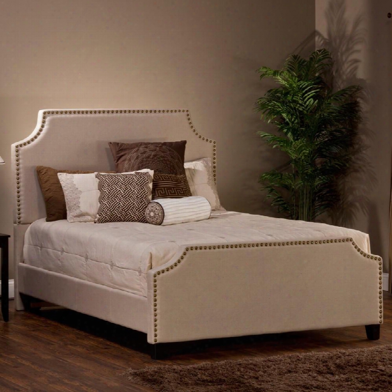 Dekland 1121bkr King Sized Bed With Headboard Footboard And Rails Gold Nail Head Trim And Linen Upholstery In Ivory
