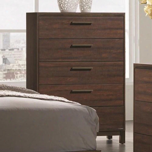 Edmonton Collection 204355 33&qjot; Chest With Five Dovetail Drawers Drawer Glides And Wide Metal Pulls In Rustic Tobacco & Dark Bronze