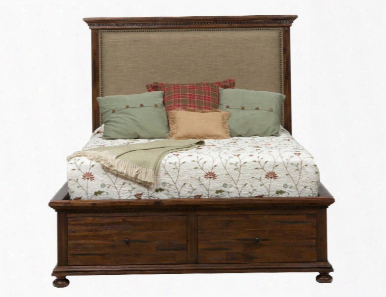 Geneva Hills Collection 680-95-96-97-98 87" King Storage Bed With Upholstered Headboard Acacia Solids Nail Head Trim And Casual Style In Rich