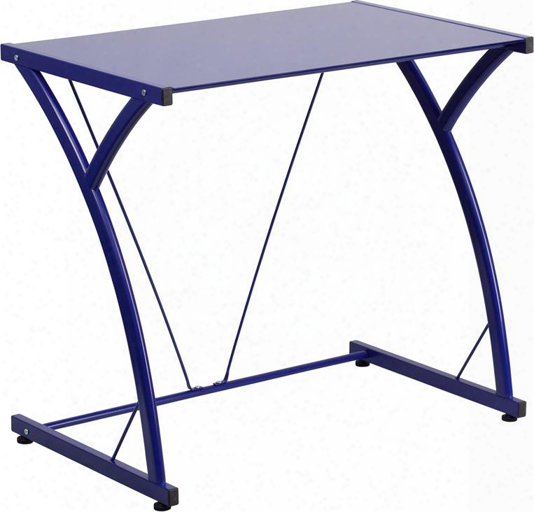 Nan-wk-sd-02-blue-gg 28.5" Computer Desk With Tempered Glass Top Plastic Floor Glides Supportive Braces And Powder Coated Frame Finih In