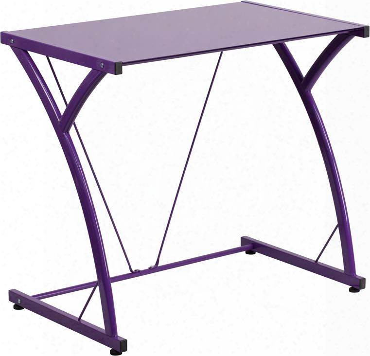 Nan-wk-sd-02-pur-gg 28.5" Computer Desk With Temered Glass Top Plastic Floor Glides Supportive Braces And Powder Coated Frame Finish In