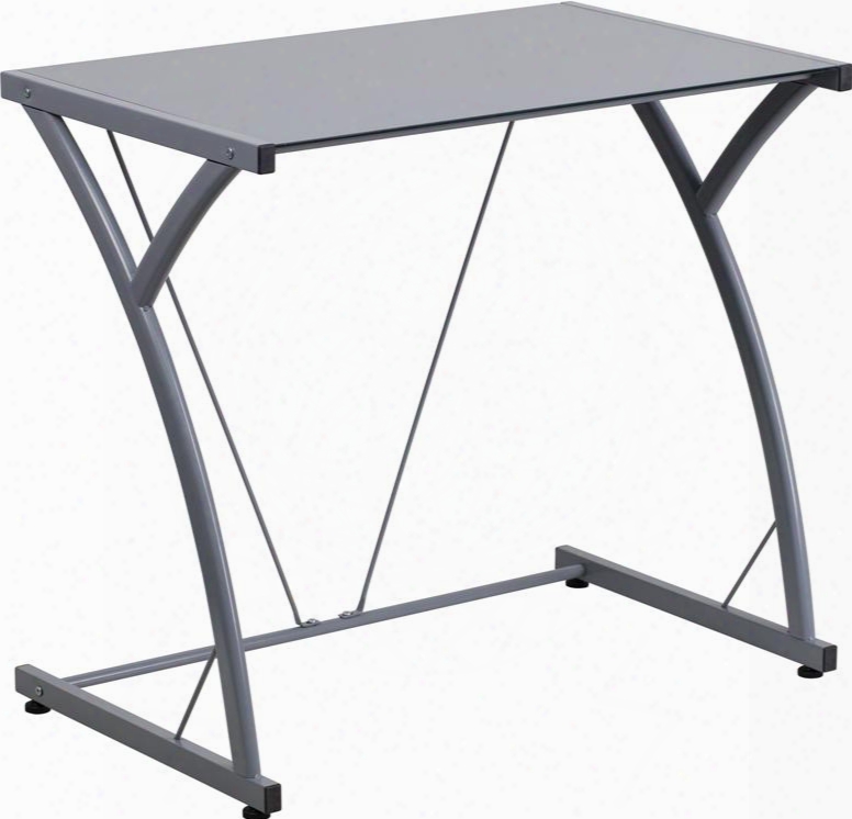 Nan-wk-sd-02-sil-gg 28.5" Computer Desk With Tempered Glass Top Plastic Floor Glides Supportive Braces And Powder Coated Frame Finish In