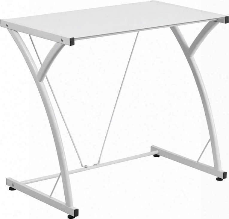 Nan-wk-sd-02-wh-gg 28.5" Computer Desk With Tempered Glass Top Plastic Floor Glides Supportive Braces And Powder Coated Frame Finish In