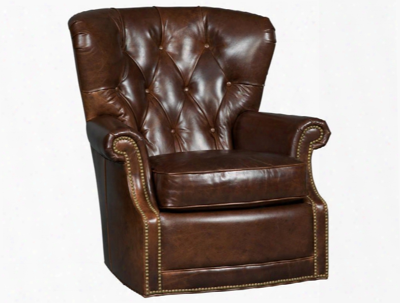 Woodward Series Ss304-sw-087 40" Traditional-style Living Room Timber Swivel Chair With Tufted Detailing Nail Head Accents And Leather Upholstery In Medium