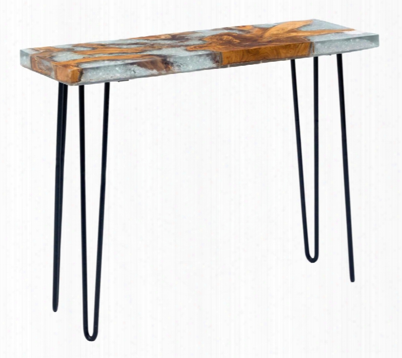 100167 Fissure 39" Console Table With Hammer Black Steel Frame And Teak Wood Top In Natural