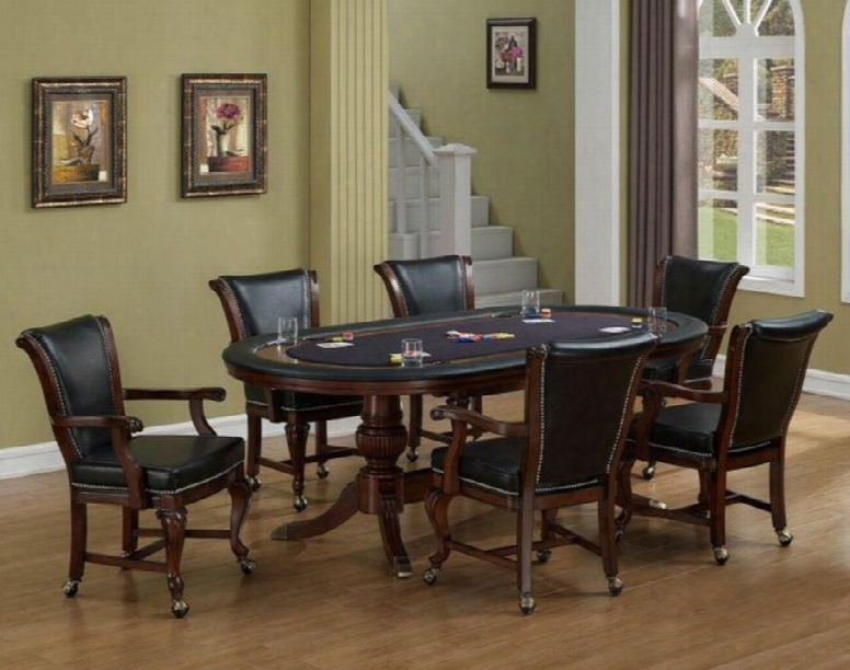 100723sd American Heritage Billiards Royale Game Table Set Including Tahle And Six Chairs With Carved Detailing Felt Playing Surface And Cup Holders In Warm