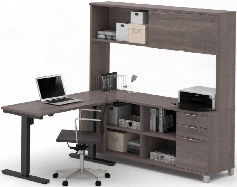 120858-47 Pro-linea L-desk With Hutch Incl Uding Scratch And Stain Resistant Surface Electric Height Adjustable Table Block Feet And 3 Drawers In Bark