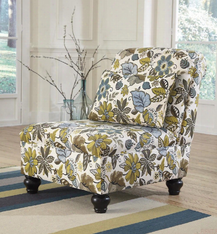 2550046 Hariston Low Profile Armless Chair With Pillow Included Turned Legs Floral Pattern Fabric Upholstery Tight Back And Seat In Shitake