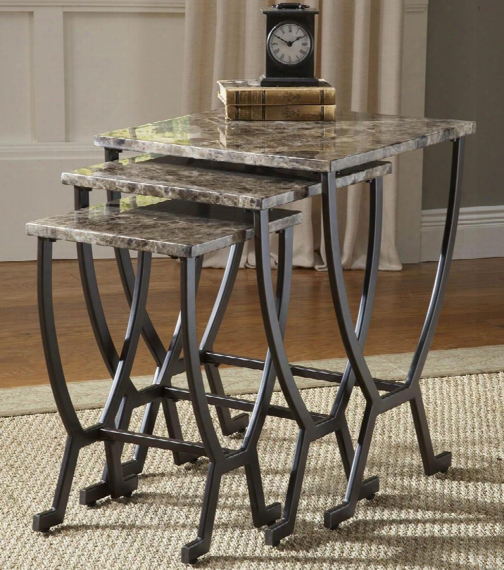 4142-888 Monaco 3 Pc Nesting Tables With Faux Marble Top And Metal Base In Matte