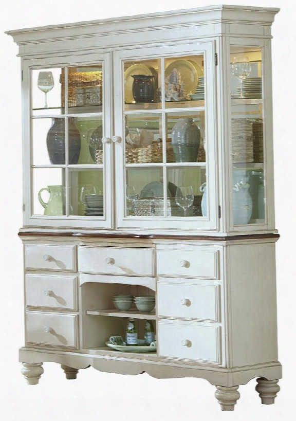 5265bh Pine Island 83" China Cabinet With 7 Drawers 2 Glass Doors Shelves Dark Top Buffet And Pine Solids Construction In Old White