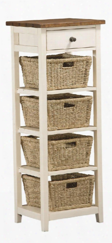 5465942w Tuscan Retreat 53" High Open Side Stand With 4 Baskets 1 Drawer Tapered Legs And Solid Pine Timber Construction In Country White And Antique Pine