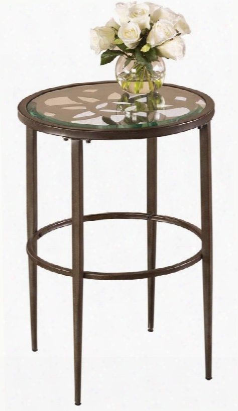 5497-880 Marsala 17.25" Round End Table With Glass T Op Laser Cut Design Metal Construction Grey Base And Brown Rub