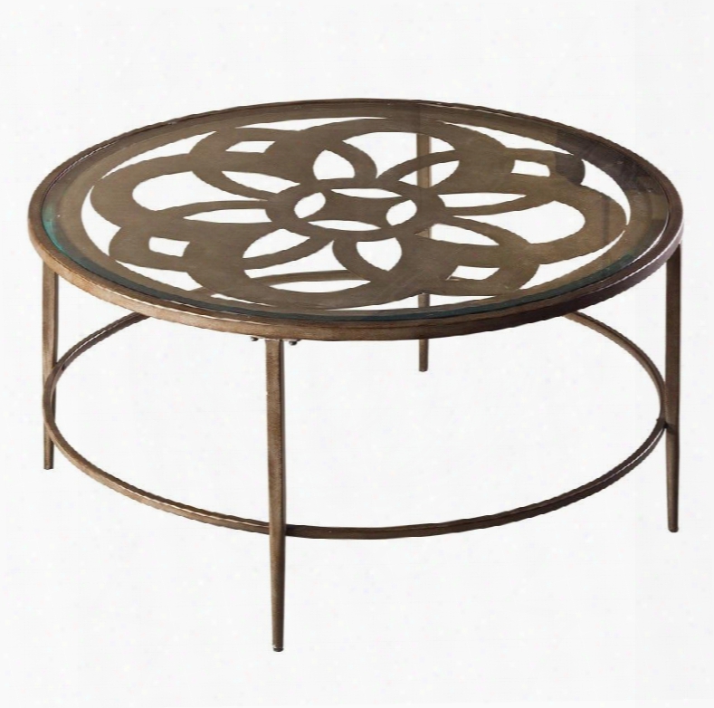 5497-882 Marsala 36" Round Coffee Table With Glass Top Laser Cut Design Metal Construction Grey Base And Brown Taunt
