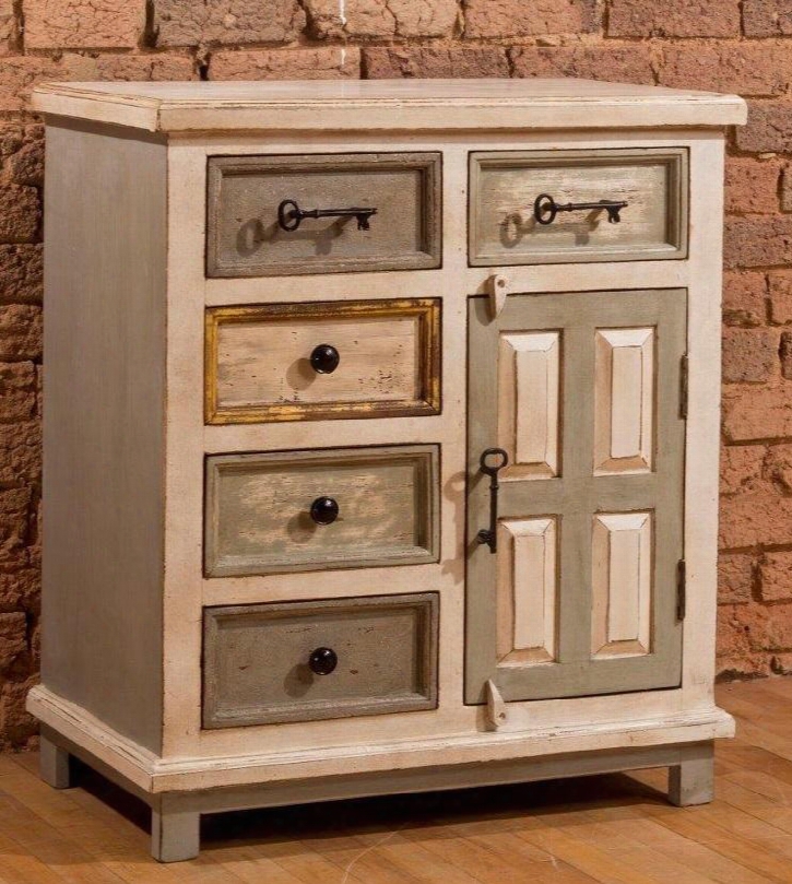 5732-883 Larose 28.25"x32.5" Cabinet With 5 Drawers 1 Door Key-shaped Handles And Mango Wood Construction In Dove Grey And Antique White