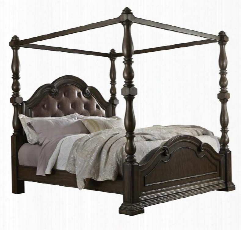 694160178 Cortina California King Size Panel Bed With Bolt-on Bedrail Upholtered Head Panel Carved Detailing And Canopy In Brown