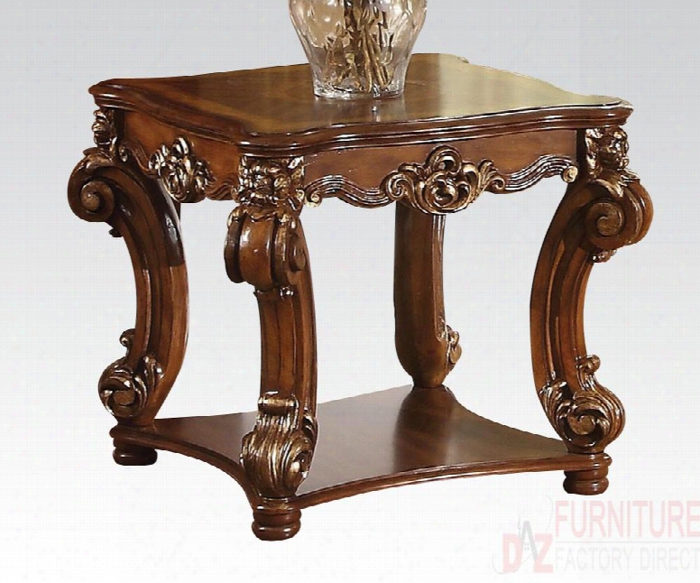 82001 Vendome Square End Table With Bottom Shelf Solid Wood Leg And Carved Apron In