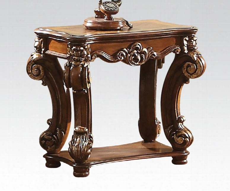 82003 Vendom Erectangular Side Table With Bottom Shelf Solid Wood Leg And Carved Apron In