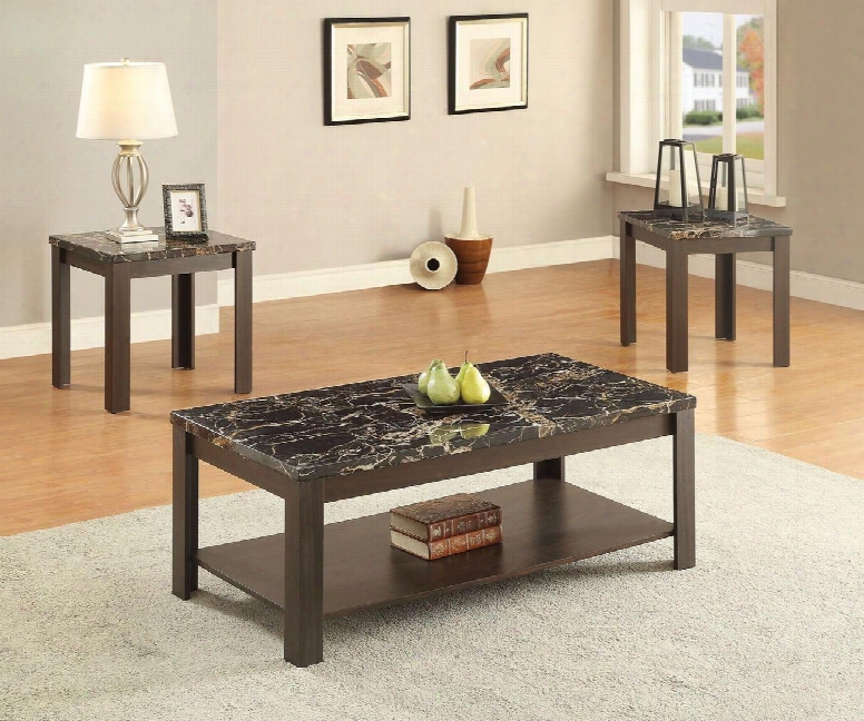 Afton 82138 3 Pc Living Room Table Set With 2 Square End Tables Rectangular Coffee Table Straight Legs And Blck Faux Marble Top In Walnnut