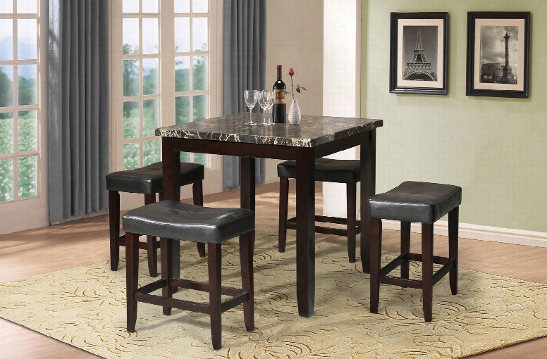 Ainsley Collection 70728 5pc Counter Height Dining Set With Counter Height Table 4 Counter Height Stools Black Faux Marble Top And Pu Leather Upholsteru In