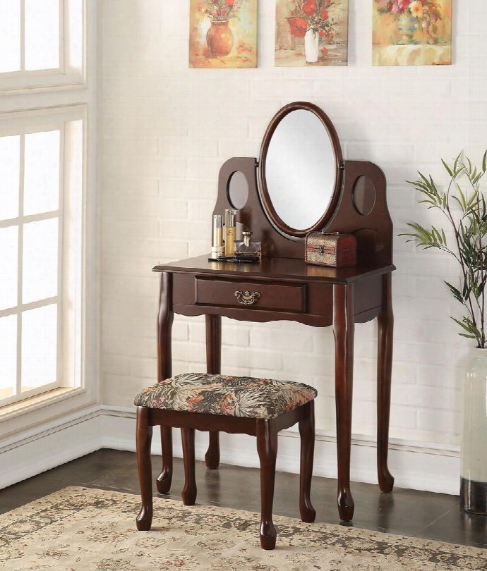 Aldine Collection 90211 28" Vanity Set With Vanity Stool Mirror Felt Lined Drawer Suede Padded Seat Cushion And Red Oak Veneer Materials In Espresso