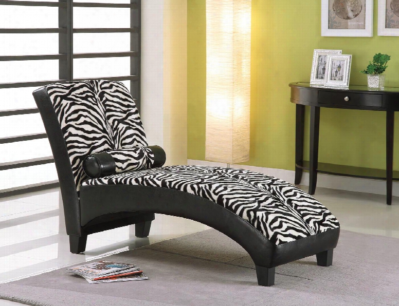 Anna Collection 96139 63" Lounge Chaise With Pillow Included Tapered Legs Zebra Pattern Fabric And Black Bycast Pu Leather