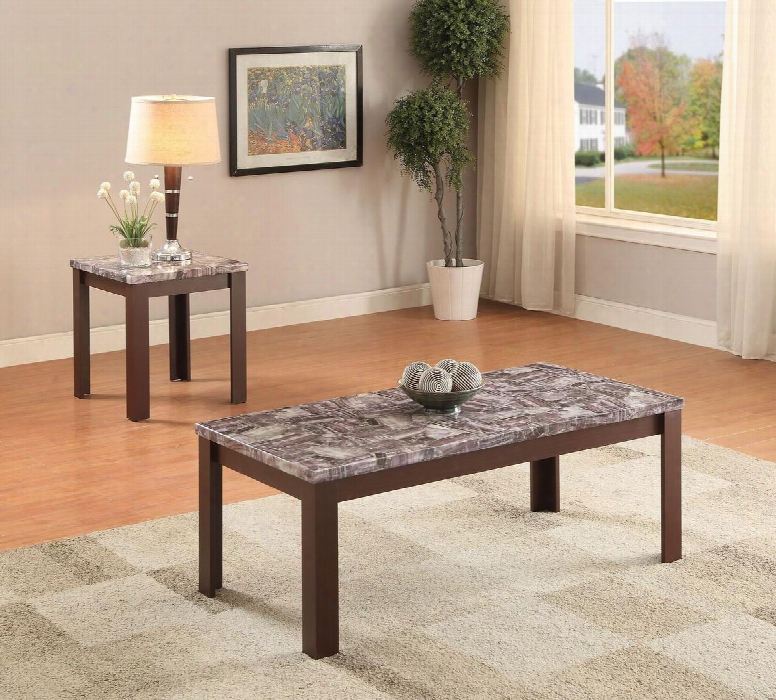 Arabia 82136 2 Pc Living Room Table Set With 48" Coffee Table 22" End Table Faux Marble Top Straight And Rectangular Legs In Cherry