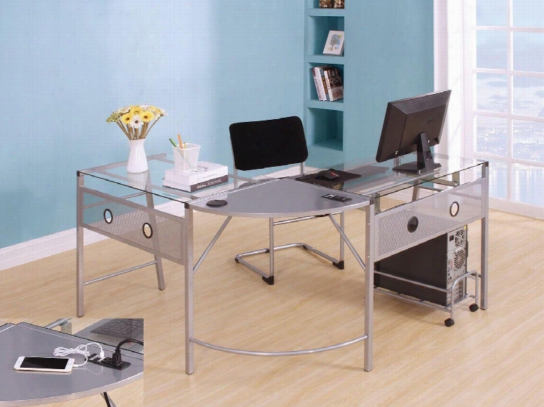 Brielle Collection 92233 73" Computer Desk With L-shaped Workstation 6mm Tempered Clear Glass Top Usb/power Dock Pull-out Metal Keyboard Tray And Metal