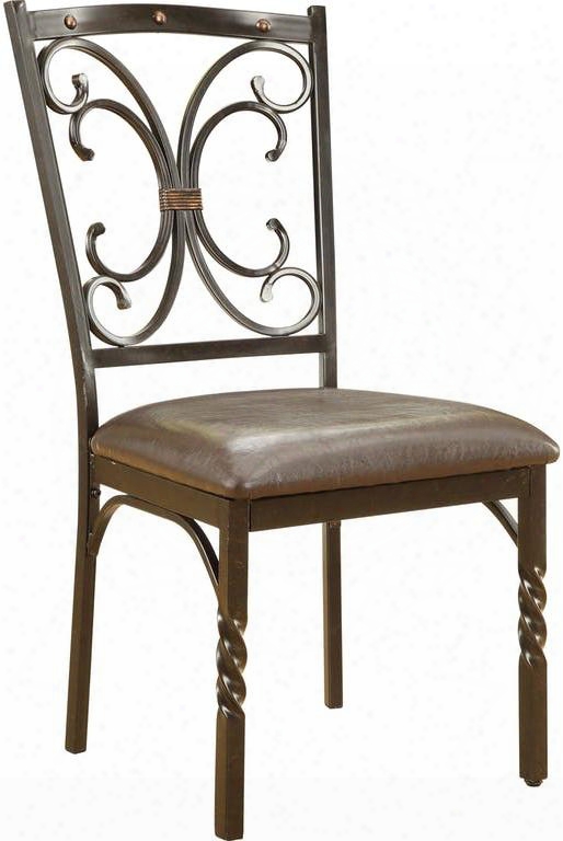 Burril Collection 70586 Set Of 2 19" Side Chairs With Pu Leather Upholstered Seat Metal Accents Scroll Design And Metal Construction In Brown
