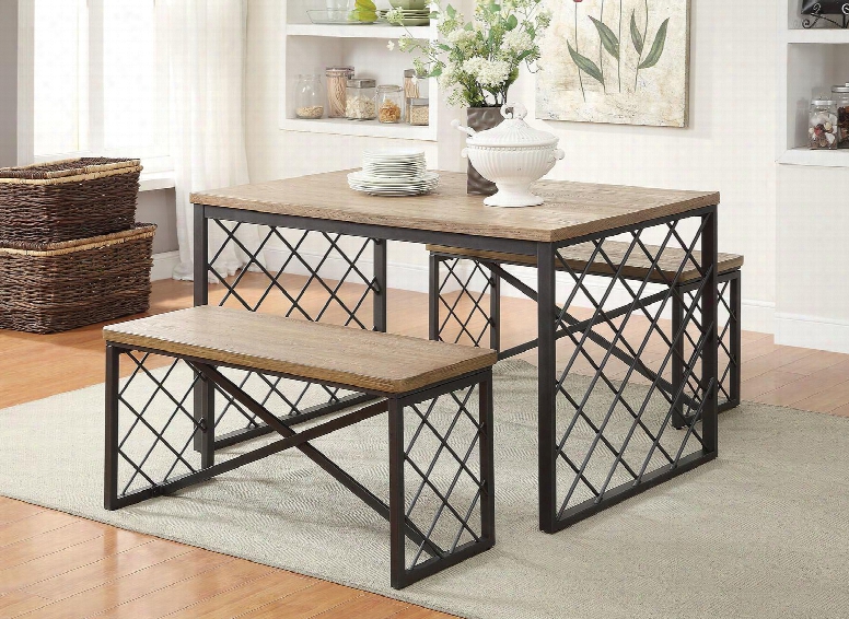 Catalina Collection 71655 3 Pc Dining Room Set With Gray Diamond Grid Pattern Wood Seat "x" Stand Support Wood And Metal Construction In Light Oak