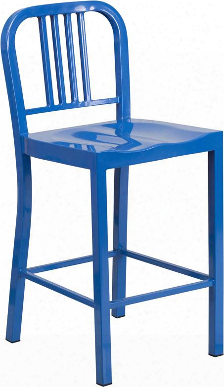 Ch-31200-24-bl-gg 24" Counter Height Bar Stool With Vertcal Slat Back Protective Plastic Floor Glides Footrest And Powder Coat Finish In